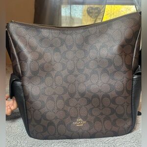 Coach Pennie Brown Black Signature Coated Canvas Shoulder Handbag Purse